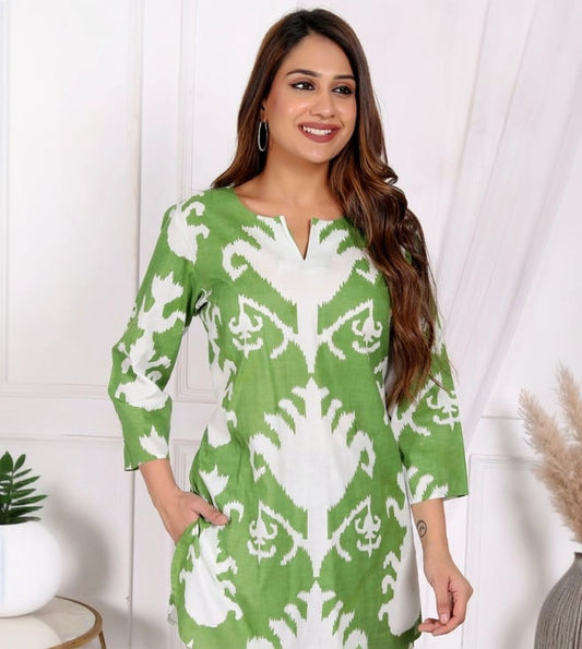 Bellnow Ethnic Ikat Co-ord Set in Fresh Green & White