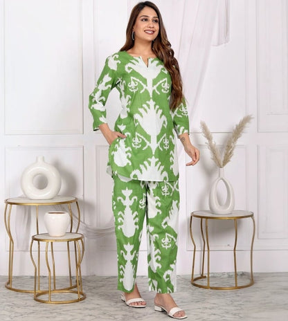 Bellnow Ethnic Ikat Co-ord Set in Fresh Green & White