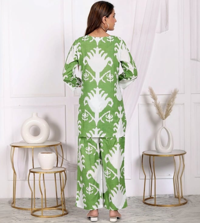 Bellnow Ethnic Ikat Co-ord Set in Fresh Green & White