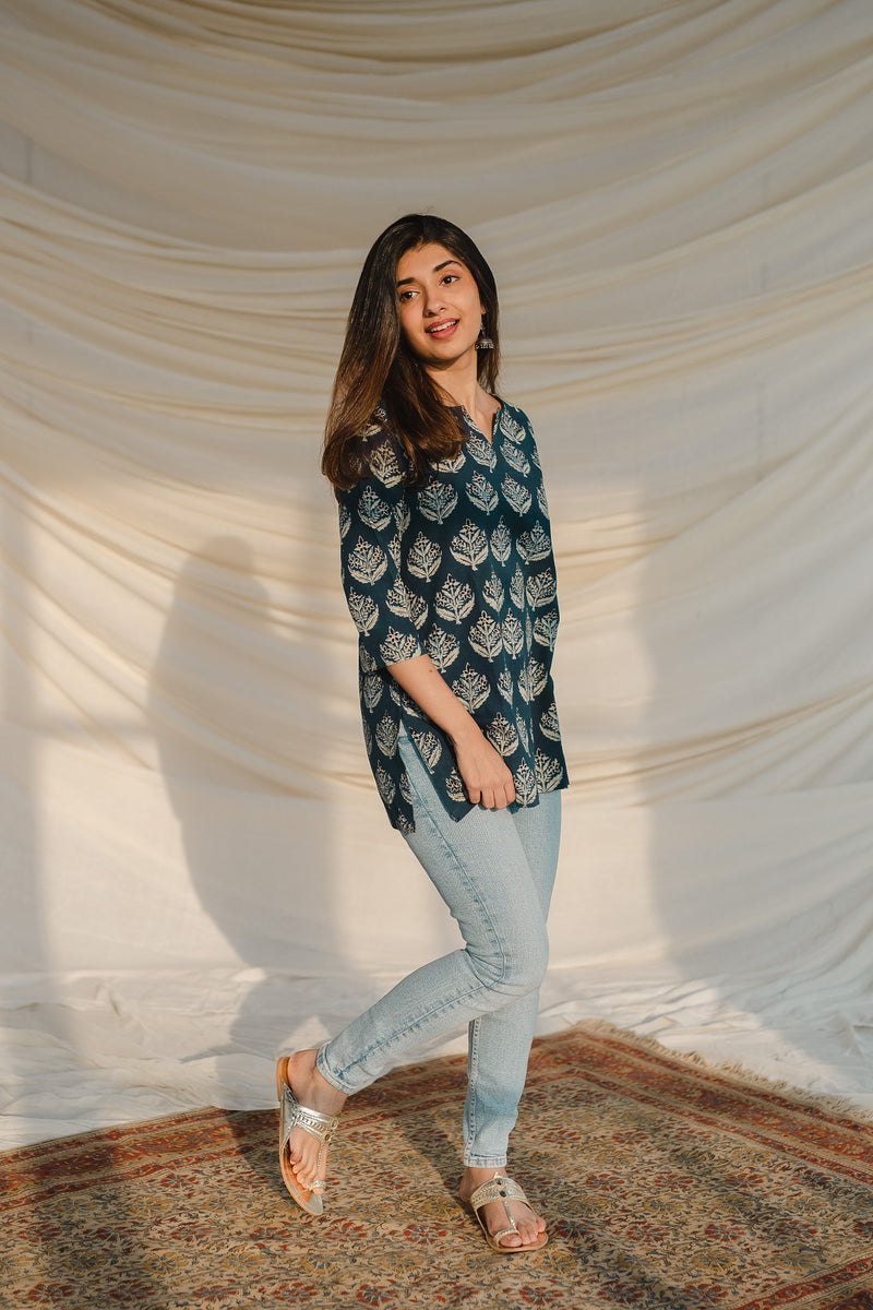 Elegant Blue Floral Block Print Short Kurti