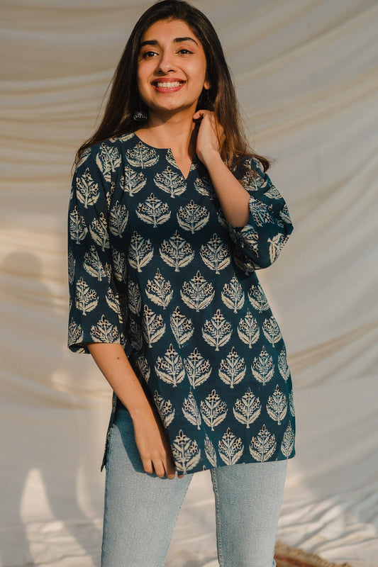 Elegant Blue Floral Block Print Short Kurti
