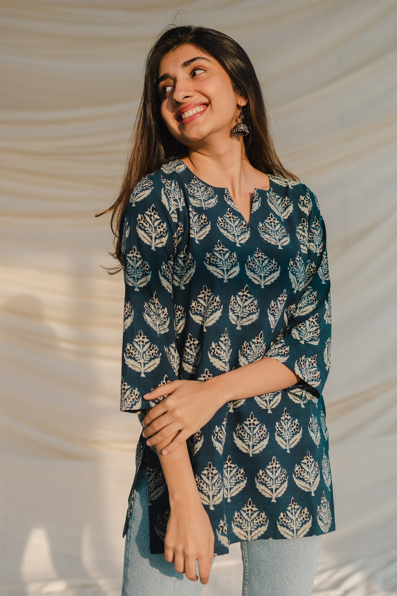 Elegant Blue Floral Block Print Short Kurti