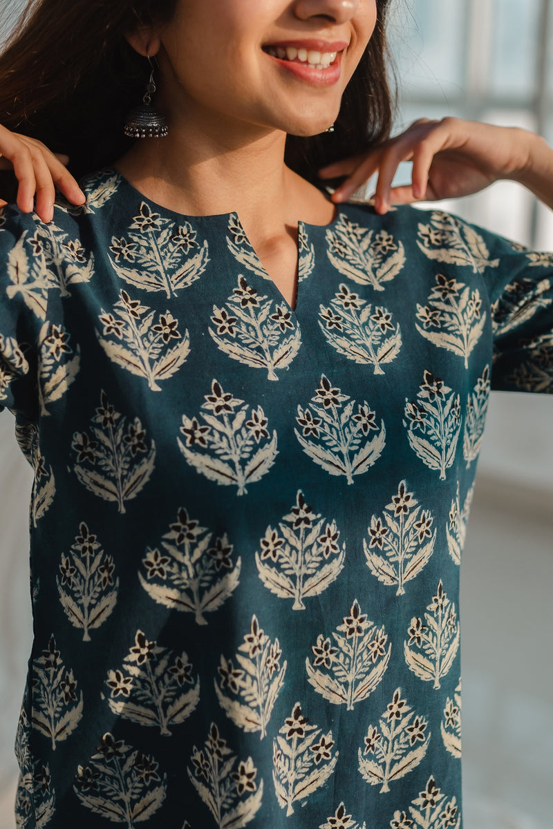 Elegant Blue Floral Block Print Short Kurti