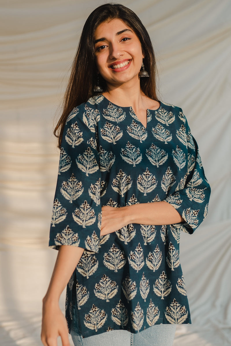 Elegant Blue Floral Block Print Short Kurti