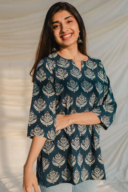 Elegant Blue Floral Block Print Short Kurti