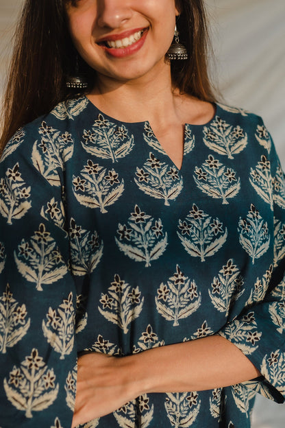 Elegant Blue Floral Block Print Short Kurti