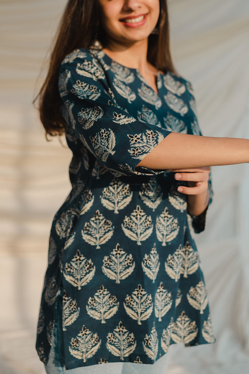 Elegant Blue Floral Block Print Short Kurti