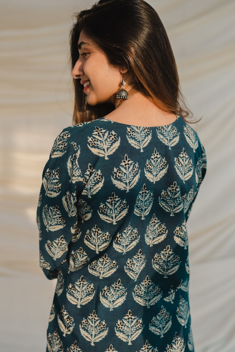 Elegant Blue Floral Block Print Short Kurti