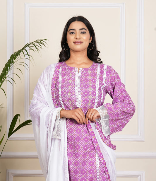 Elegant Light Purple Cotton Kurti Pant Set with Dupatta