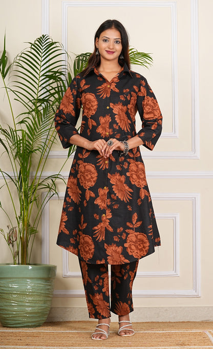 Elegant Black & Rust Floral Print Co-ord Set