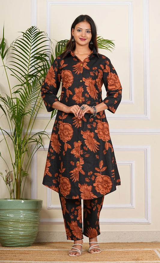 Elegant Black & Rust Floral Print Co-ord Set