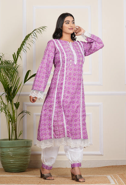 Elegant Light Purple Cotton Kurti Pant Set with Dupatta