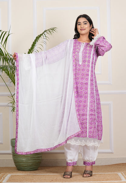 Elegant Light Purple Cotton Kurti Pant Set with Dupatta