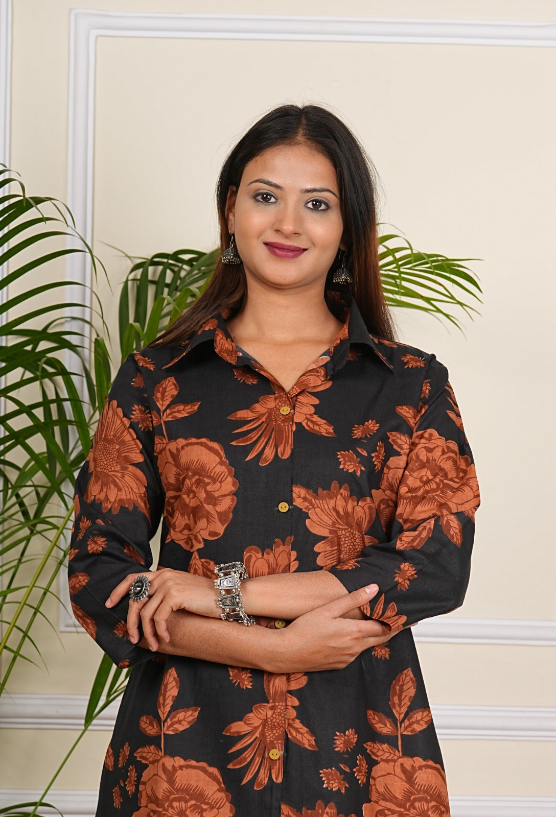Elegant Black & Rust Floral Print Co-ord Set