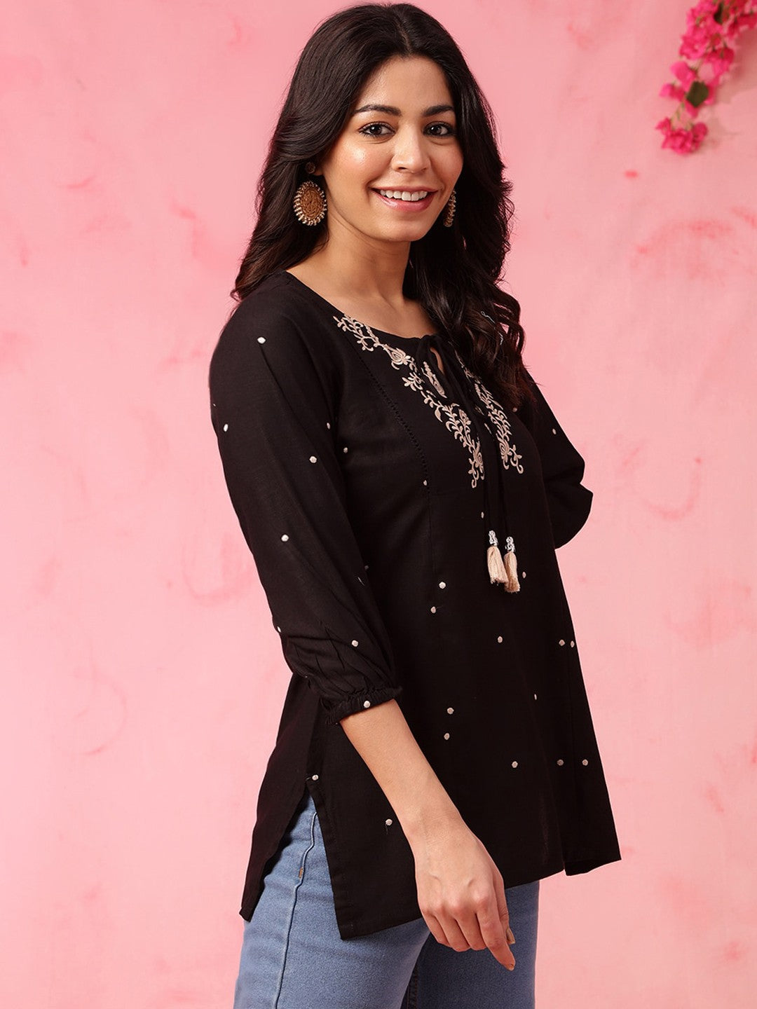 Black Embroidered Short Kurti with 3/4th Sleeves
