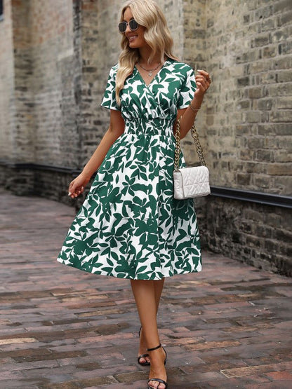 Bellnow Women’s Green & White Leaf Print V-Neck Midi Dress with Short Sleeves & Smocked Waist