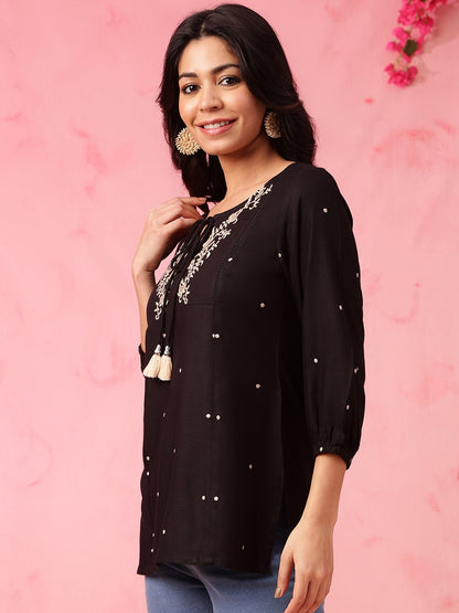 Black Embroidered Short Kurti with 3/4th Sleeves