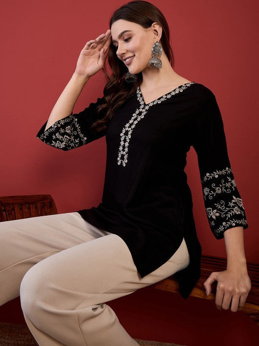 Black Embroidered Short Kurti with 3/4th Sleeves