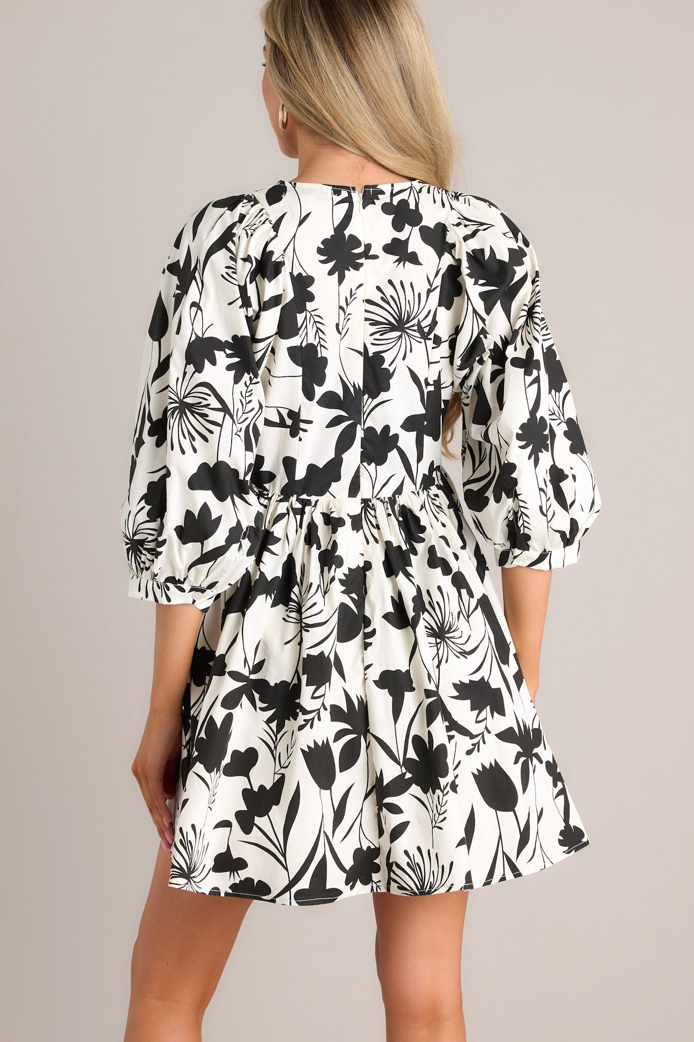 Floral Tie Neck Babydoll Dress  Cotton Black & White Floral Short Kurti