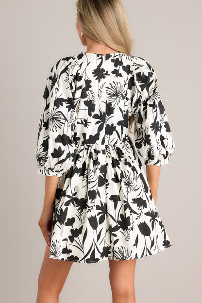 Floral Tie Neck Babydoll Dress  Cotton Black & White Floral Short Kurti