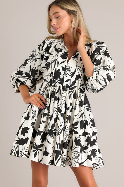 Floral Tie Neck Babydoll Dress  Cotton Black & White Floral Short Kurti