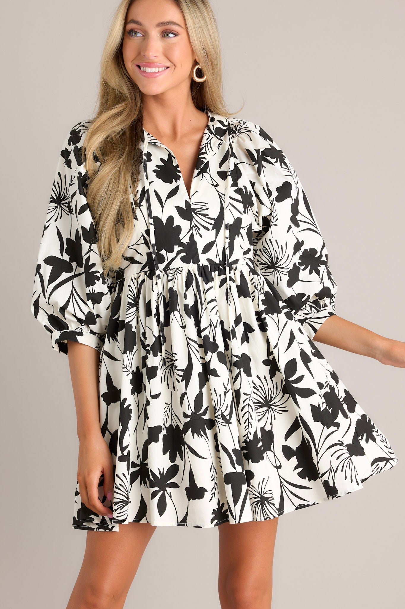 Floral Tie Neck Babydoll Dress  Cotton Black & White Floral Short Kurti