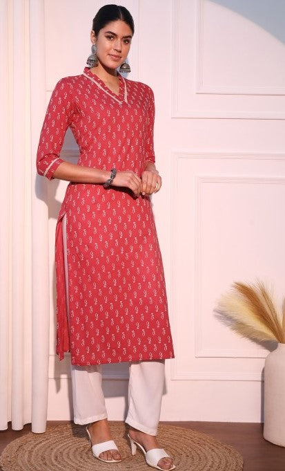 Elegant Dark Peach Printed Straight Long Kurta