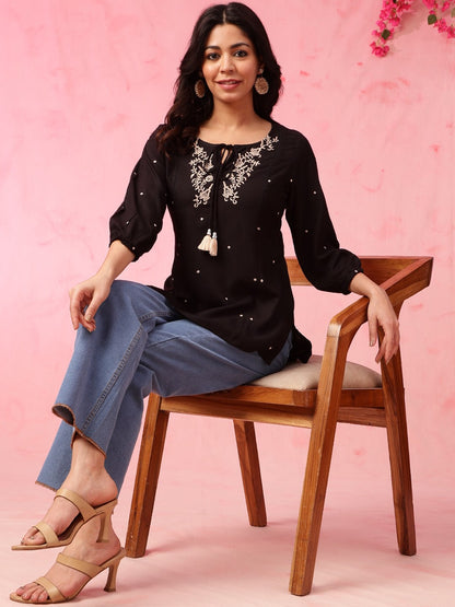 Black Embroidered Short Kurti with 3/4th Sleeves