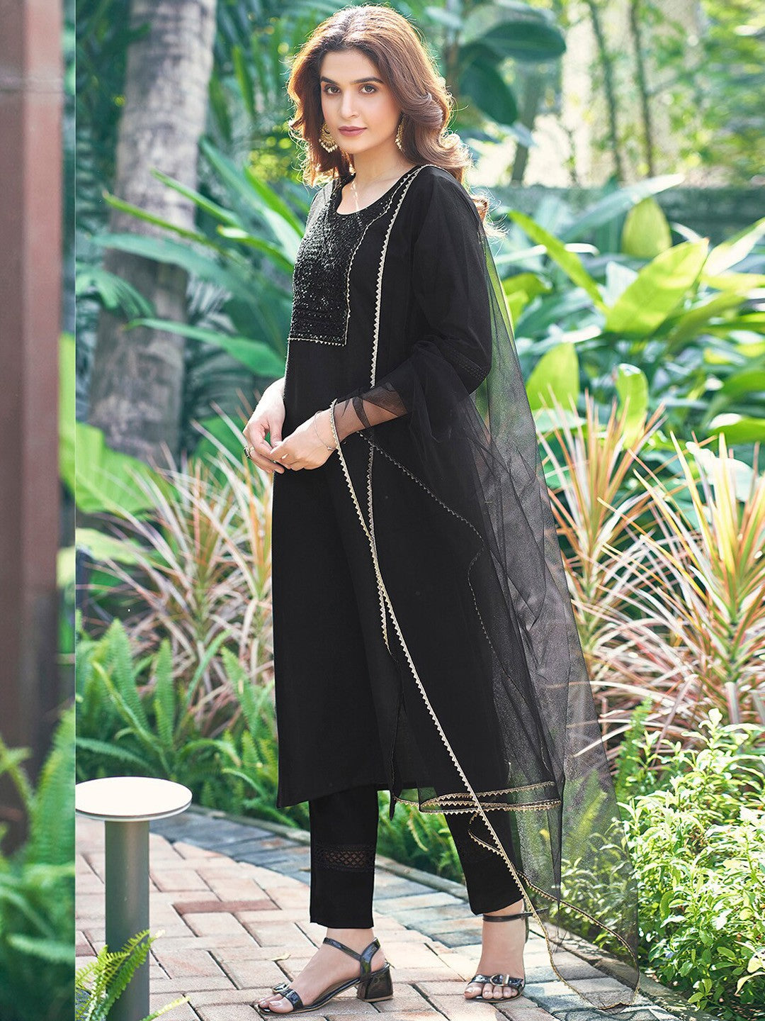 Floral Yoke Design Regular Sequinned Round Neck Kurta Pant With Dupatta Set