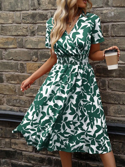 Bellnow Women’s Green & White Leaf Print V-Neck Midi Dress with Short Sleeves & Smocked Waist