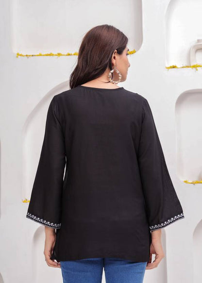 Bellnow Black Embroidered Short Kurti with 3/4th Sleeves