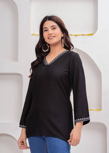 Bellnow Black Embroidered Short Kurti with 3/4th Sleeves