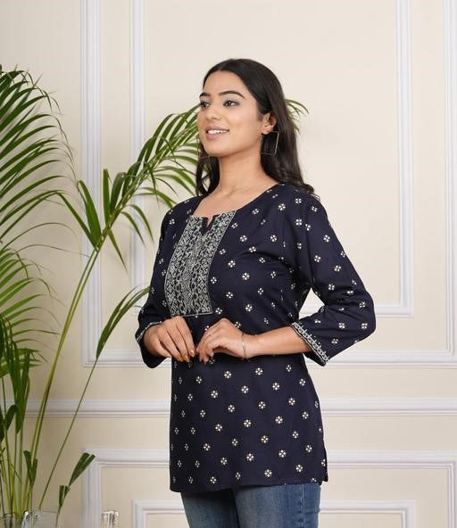 Navy Blue Printed Rayon Short Kurti with Embroidered Yoke