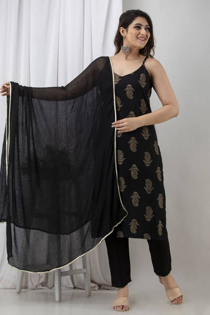 Black Sleeveless Kurti Pant Set With Dupatta