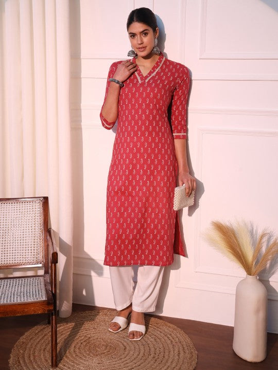 Elegant Dark Peach Printed Straight Long Kurta