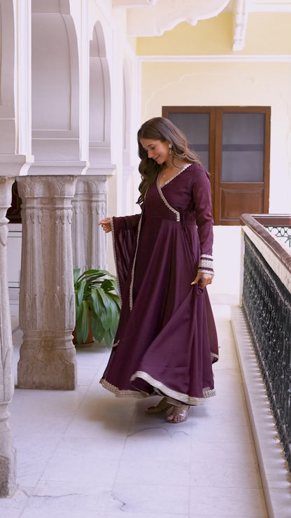 Bellnow Royal Maroon Anarkali Gown with Embellished Dupatta And Pant