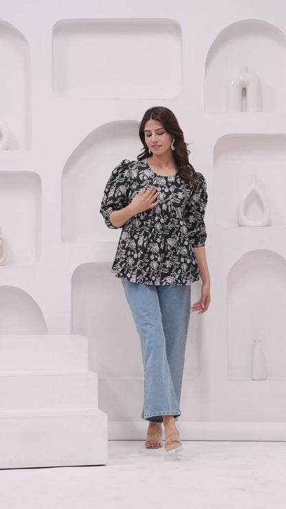 Elegant Black Floral Printed Cotton Kurti with Puff Sleeves