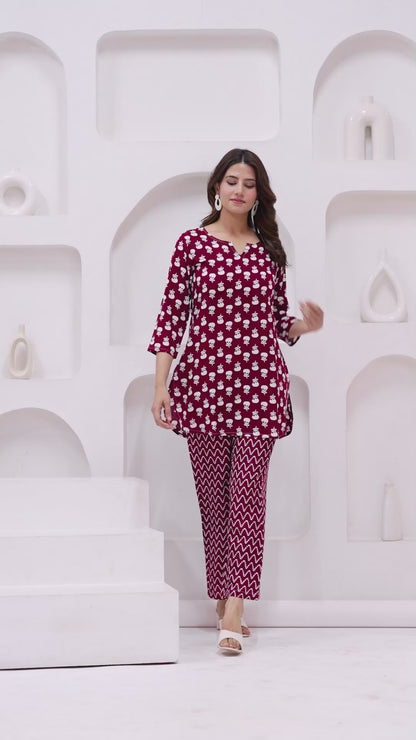Bellnow Maroon Blossom Cotton Co-Ord Set with Zig-Zag Print Pants