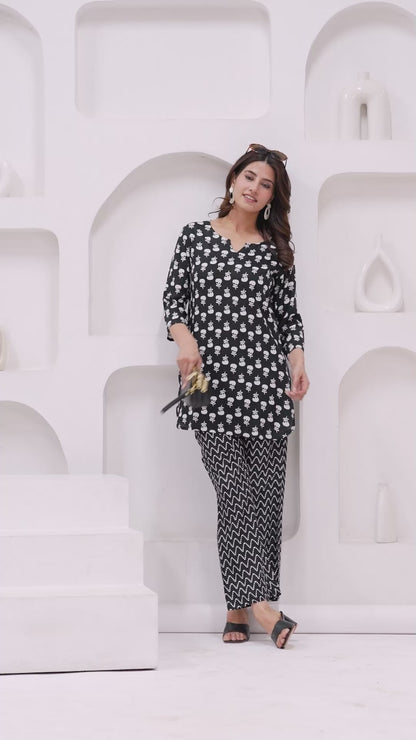 Bellnow - Chic Black & White Floral Co-ord Set