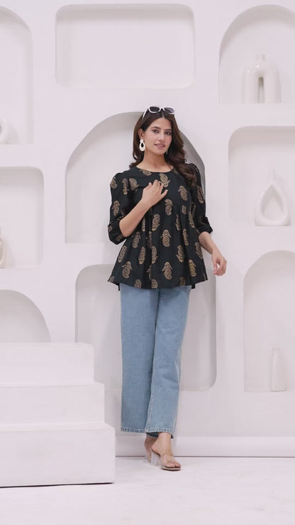 Elegant Black Floral Printed Cotton Kurti with Puff Sleeves
