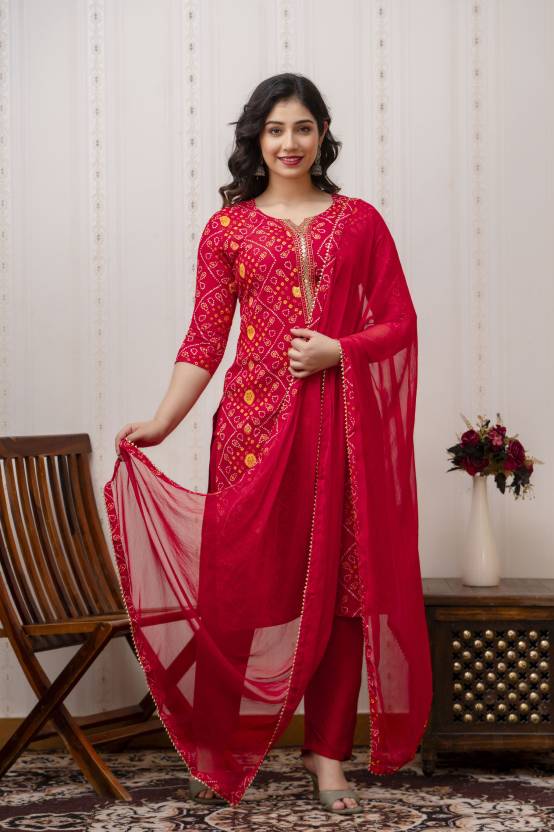 Bandhani Red Kurta Pant With Dupatta Set with Gold Embroidery