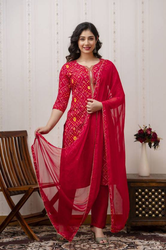 Bandhani Red Kurta Pant With Dupatta Set with Gold Embroidery
