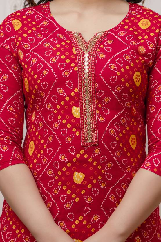 Bandhani Red Kurta Pant With Dupatta Set with Gold Embroidery