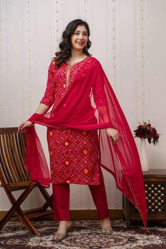 Bandhani Red Kurta Pant With Dupatta Set with Gold Embroidery