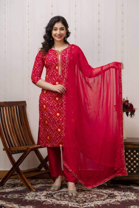 Bandhani Red Kurta Pant With Dupatta Set with Gold Embroidery