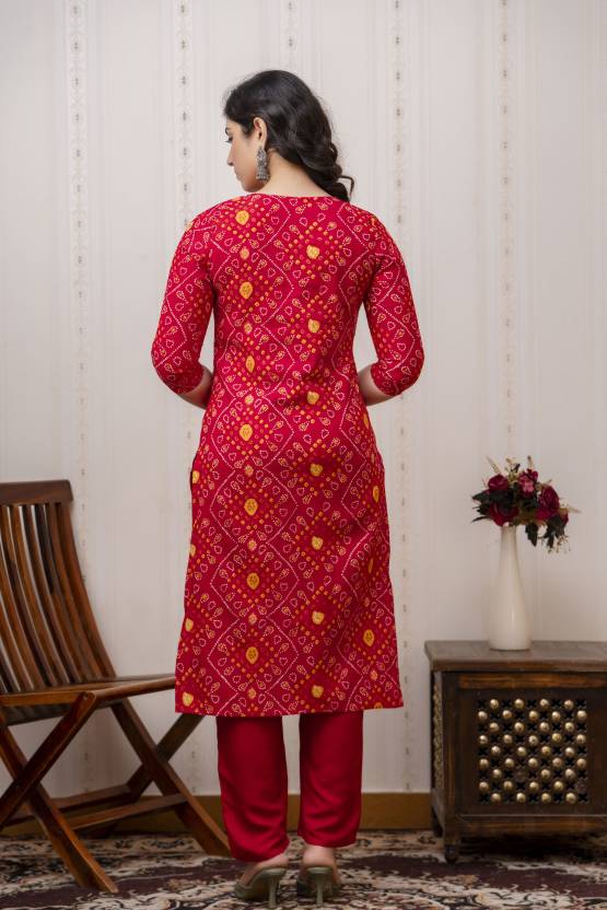 Bandhani Red Kurta Pant With Dupatta Set with Gold Embroidery