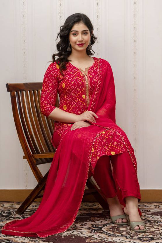 Bandhani Red Kurta Pant With Dupatta Set with Gold Embroidery