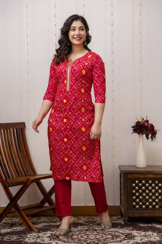 Bandhani Red Kurta Pant With Dupatta Set with Gold Embroidery