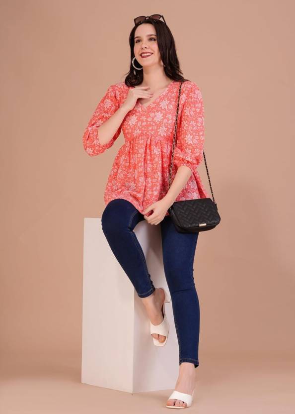 Casual Regular Sleeves Printed Women Orange Top