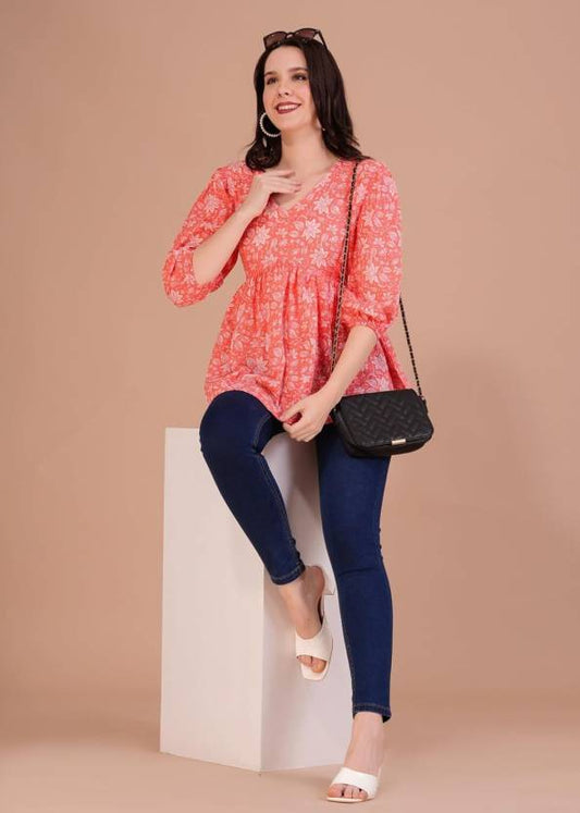 Casual Regular Sleeves Printed Women Orange Top